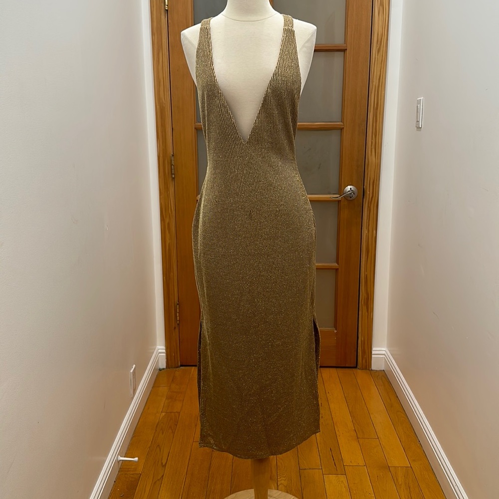 Michael Costello Cordelia Midi Dress in Gold,  size: L